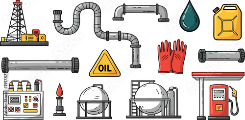 Oil Industry Equipment and Petroleum Production Icon Set with Refinery Pipes Fuel Pump Storage Tank and Safety Gloves Vector Illustration.