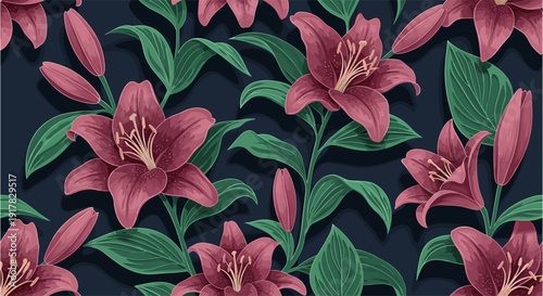 Elegant seamless pattern of red lilies with green foliage on dark background