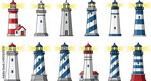 Lighthouse tower collection illustration featuring coastal maritime beacons, nautical navigation structures, seaside safety lights isolated vintage ocean architecture artwork set