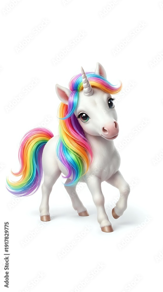 Fototapeta premium Adorable white unicorn with rainbow mane and tail isolated on white background for children's designs and fantasy projects.