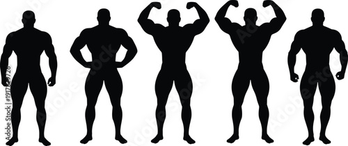 Male bodybuilding silhouette poses illustration, muscular fitness figures, strong athletic body shapes, gym training concept, isolated black vector art design