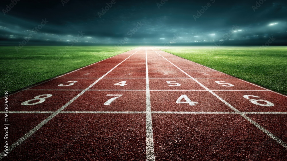 Fototapeta premium Running track perspective leading to horizon under dramatic sky, competition concept, sports, athletics