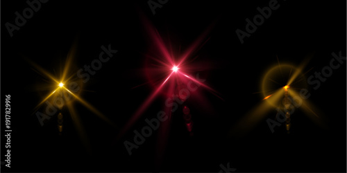 Red laser beams shoot across the dance floor, glowing intensely with sparkling particle effects. Concert stage lights create magical rays for performers. Perfect for party or festival visuals.