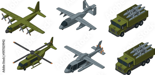 Military aircraft, helicopter and missile truck illustration showing defense aviation vehicles, army transport equipment, air force technology, combat logistics concept