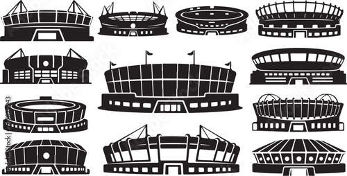 Collection of various stadium illustrations in black and white