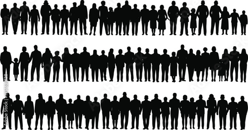 Crowd people silhouettes collection standing group together, diverse community concept, teamwork unity society population social diversity illustration isolated set
