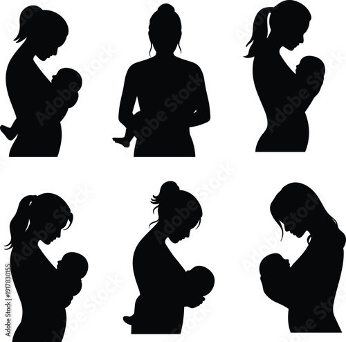 Mother and baby silhouettes illustration set, maternal bonding poses, loving motherhood moments, family care concept, emotional parenting theme, isolated black vector