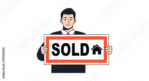 Man Holding Sold Sign With House.