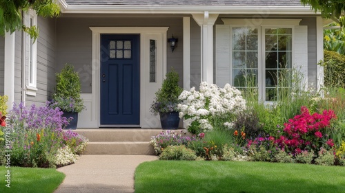 Wallpaper Mural Inviting Home Exterior with Blue Door and Lush Landscaping for Real Estate and Design Professionals Torontodigital.ca
