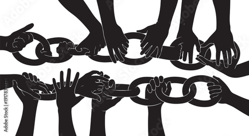Diverse hands holding and breaking a large metal chain