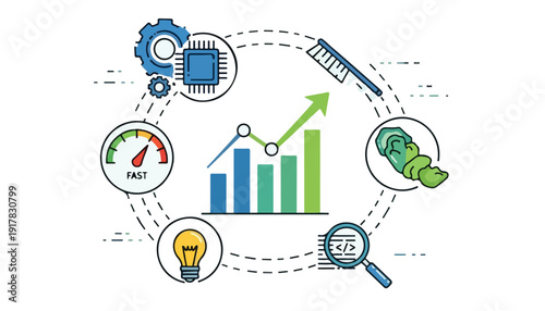Business growth and technology development concept with various icons illustrating progress, innovation, and analysis.