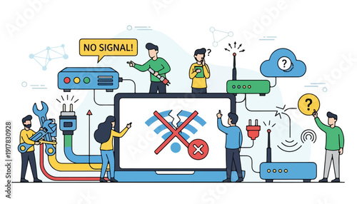 People troubleshooting internet connection problems and network issues with various devices.