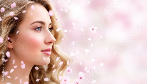 Young woman with long curly hair surrounded by flower petals  
