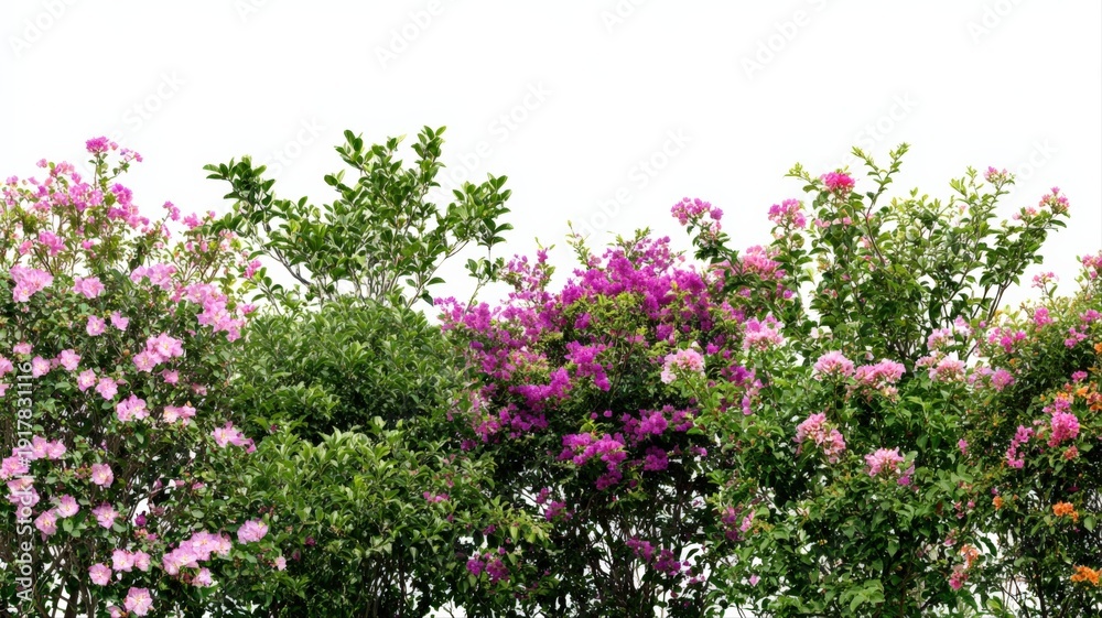 Fototapeta premium Vibrant Bougainvillea Bushes Bordering a White Expanse, Showcasing Lush Greenery and Colorful Floral Display Under Natural Light