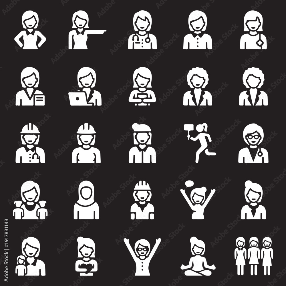 Fototapeta premium Women Avatars and Professions Icon Set. Vector white glyph silhouettes of female characters, doctors, engineers, mothers, and diverse roles on black background.