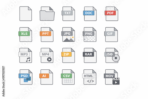 Minimal file and folder icons set with common formats like DOC, PDF, XLS, JPG, MP3, ZIP and HTML. Clean flat document symbols for UI design.