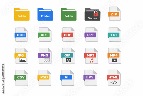File format and folder icons set including DOC, XLS, PDF, JPG, PNG, MP3, MP4, HTML and more. Colorful document type symbols isolated on white.