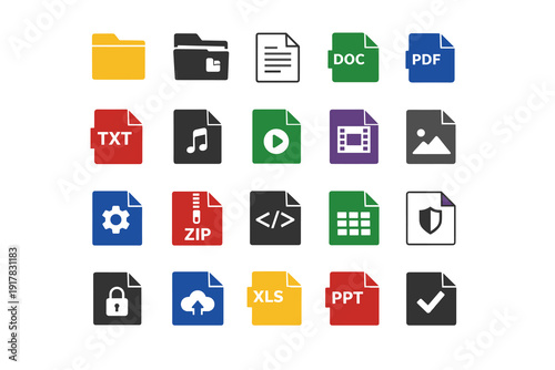 Flat file and folder icons set including DOC, PDF, TXT, XLS, PPT, ZIP, media, settings, security and cloud symbols. Colorful vector collection on white background.