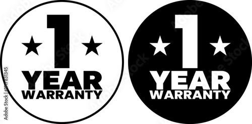 Warranty badges with one year guarantee displayed in black and white design style