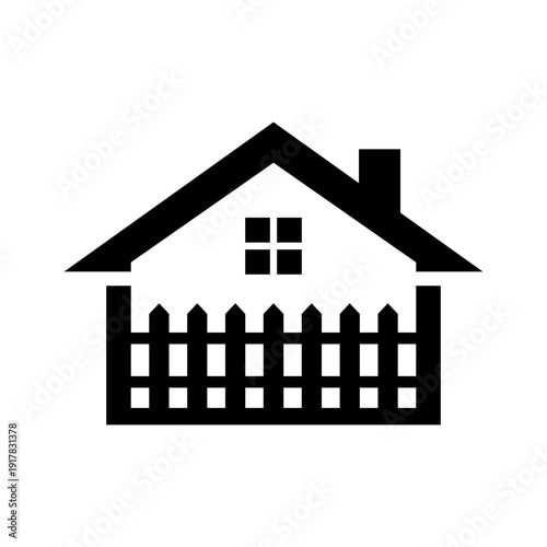 A black silhouette icon of a house with a pitched roof, chimney, and a window, featuring a picket fence in front, on a white background.