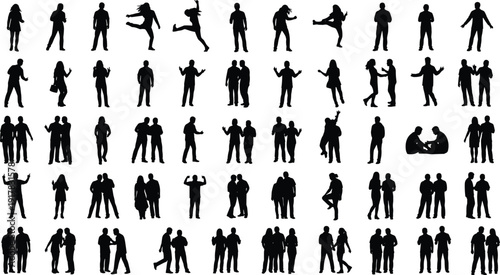 People silhouettes set, human figures in various poses, group interactions, standing walking jumping gestures, black isolated vector collection