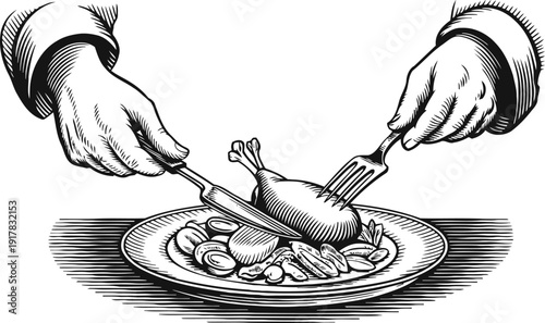 Vintage engraving illustration of hands carving roasted chicken served on a plate with vegetables