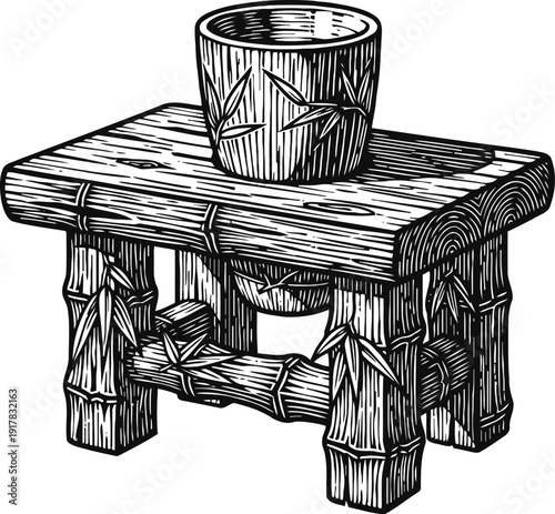 Bamboo stool with cup on top traditional wooden furniture with carved natural texture and leaf decorations