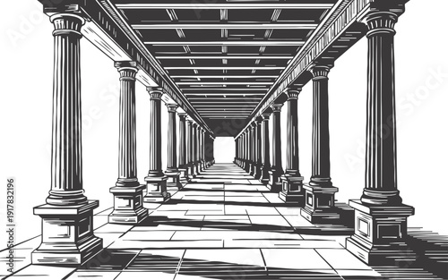 classical corridor with columns and tiled floor in perspective view vintage architectural drawing
