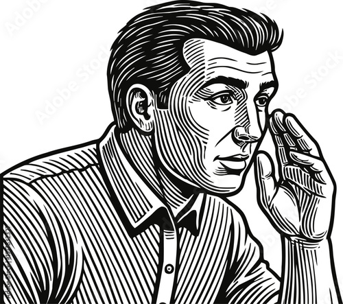 Man in vintage whispering or listening intently with hand near mouth, retro communication gesture