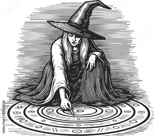 witch drawing magical circle with symbols mystic woman in pointed hat casting spells