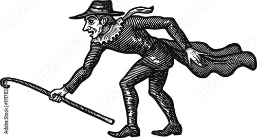 vintage illustration of a man in old fashioned clothing holding a cane and wearing a hat and cloak