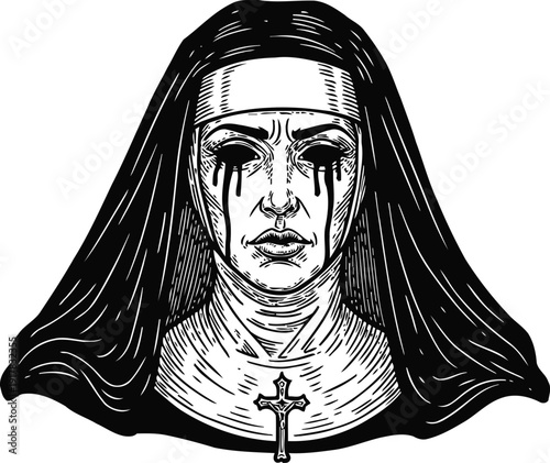 Dark nun portrait with tears of black ink and cross necklace gothic religious illustration