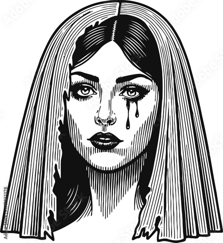 black and white illustration of a woman with a veil and a single tear running down her face, gothic