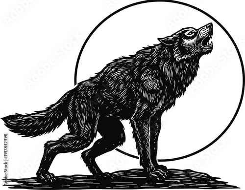 Howling wolf standing on ground silhouette with full moon in background