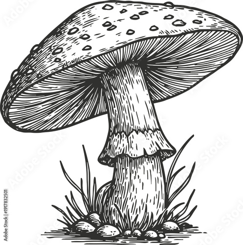 Detailed black and white illustration of a single mushroom with grass and stones, natural forest fungus drawing