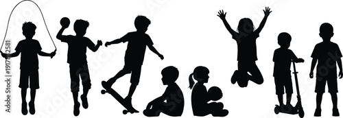 Active children silhouettes set kids playing jumping skating and riding scooter isolated on white background playful flat vector illustration collection