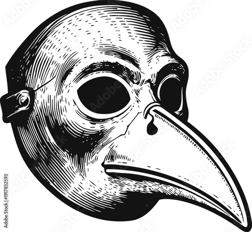 Black and white plague doctor mask illustration with long beak and round eyeholes