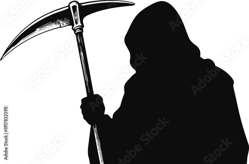 Silhouette of grim reaper holding a scythe with hooded cloak and dark shadow figure