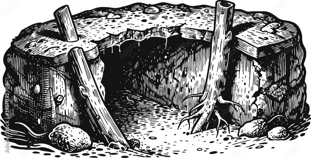 Fototapeta premium animal burrow entrance with wooden supports and rocks, detailed black and white engraving