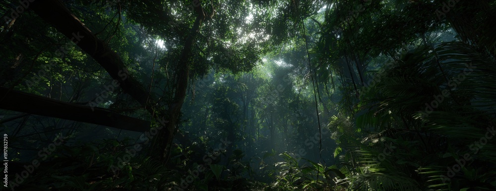 Fototapeta premium Lush Tropical Rainforest Canopy with Sunbeams Filtering Through Verdant Foliage, Creating a Serene Natural Ambiance
