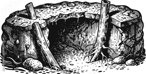 animal burrow entrance with wooden supports and rocks, detailed black and white engraving