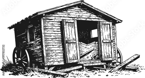 Old wooden wagon house with open doors, rustic countryside shelter, vintage rural cart illustration