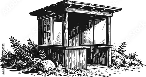 Vintage wooden garden shed with open window and bench surrounded by plants and stones