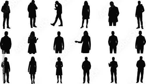 People, silhouettes, men, women, standing, walking, group, business, casual, fashion, lifestyle, urban, crowd, adults, poses, isolated, white, background, illustration, set