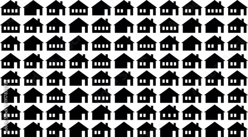 Seamless pattern of simple black house silhouette icons and vector illustrations featuring a repetitive suburban neighborhood design for real estate and construction backgrounds.