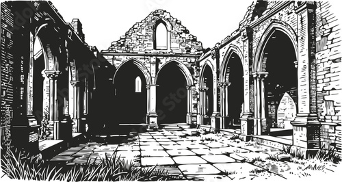 medieval stone ruins courtyard with arches and columns detailed black and white illustration