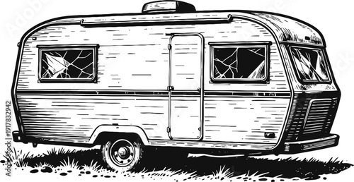 Old vintage caravan with broken windows parked on grass in black and white sketch