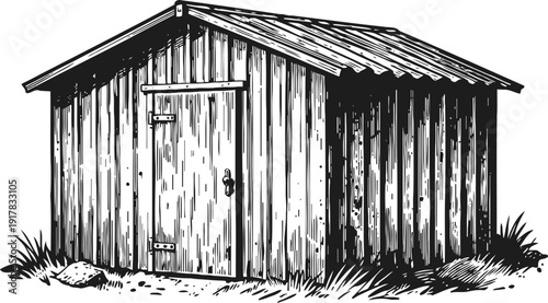 Rustic wooden shed with metal roof, detailed vintage illustration of outdoor storage building