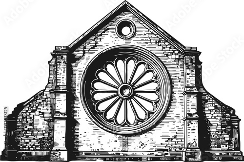 gothic cathedral facade with large circular rose window and detailed stone architecture
