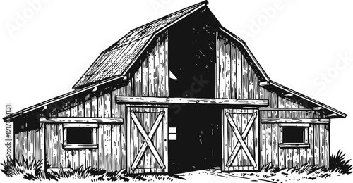 Rustic wooden barn with open double doors, vintage farm building illustration